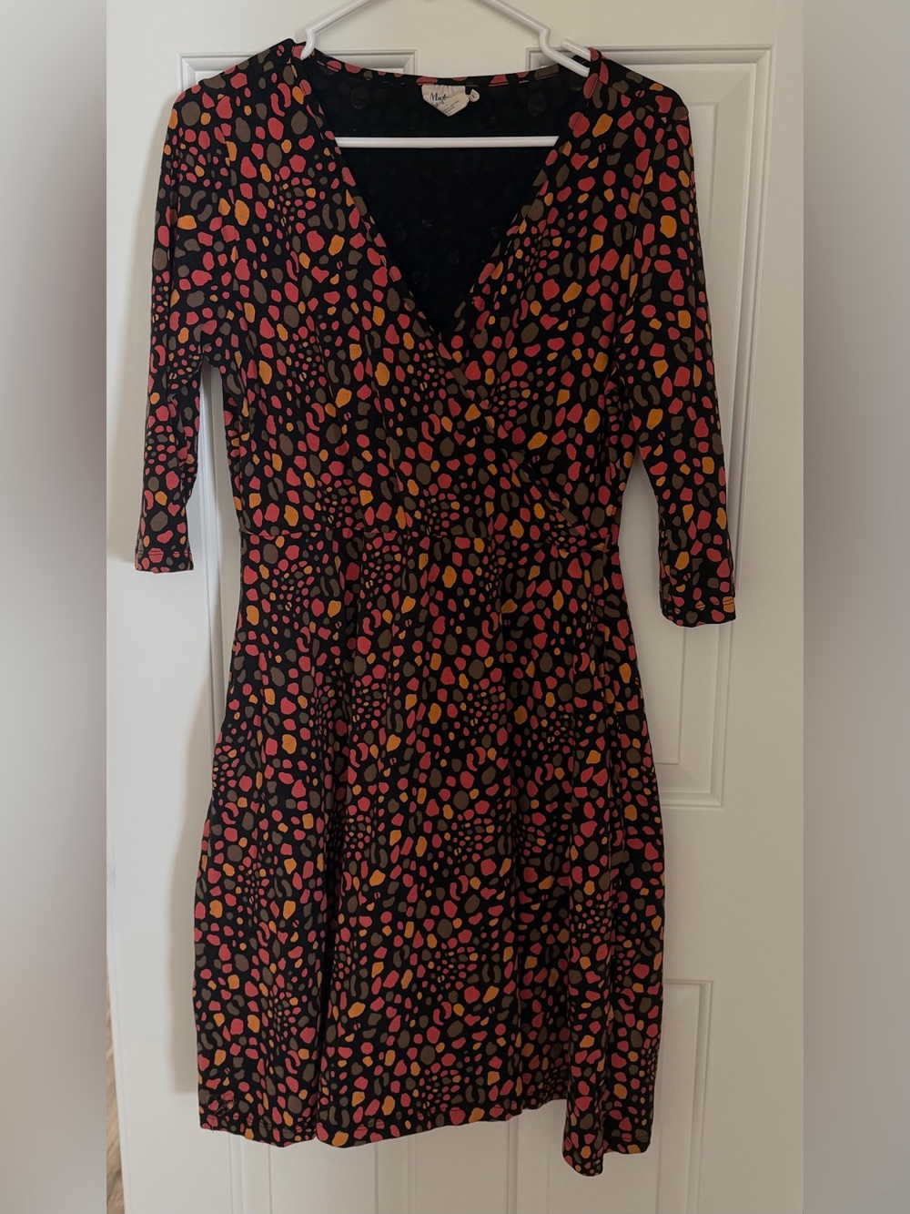 Mata Traders Faux Wrap Midi Dress with Pink and Orange Spot Print